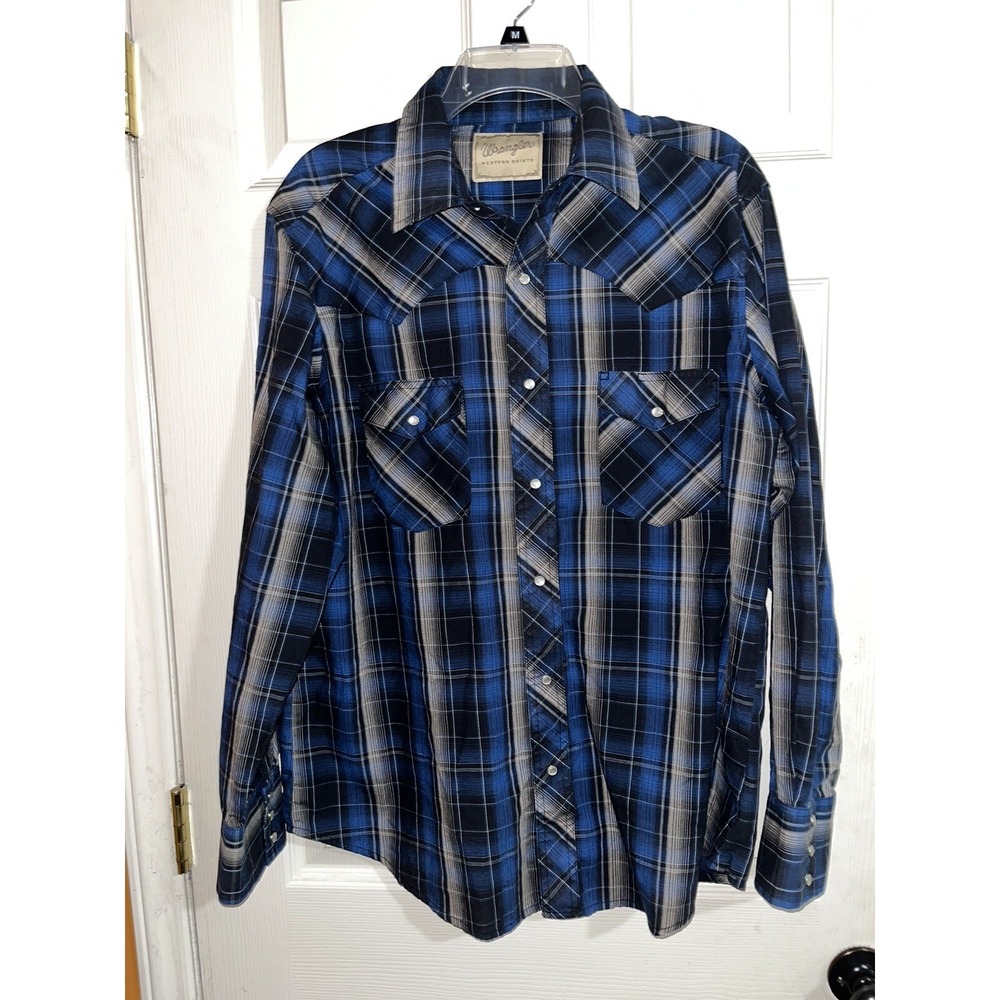 WRANGLER RETRO WESTERN SHIRT BLUE PLAID PEARL SNAP MENS Large /Xl